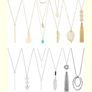 12 Pieces Long Pendant Necklace Set Y Tassel Leaf Circle Bar Necklace for Women - 1 of 4