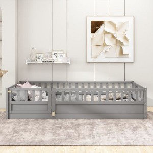 CAVINAS Twin Size Floor Bed with Super High Security Barrier and Door, Wooden Children's Floor Bed Frame - 1 of 4