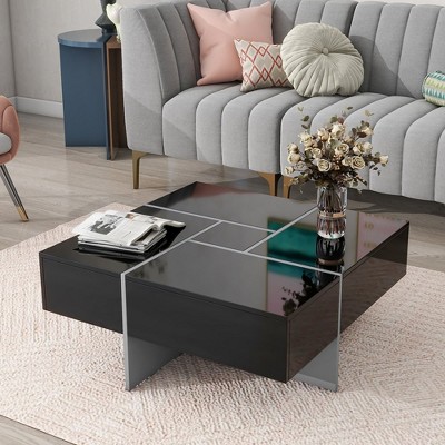 LOVMOR Unique Design Coffee Table with 4 Hidden Storage Compartments