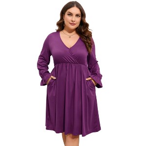Coolmee Women's Plus Size Mini Dress Long Sleeve Wrap V Neck A Line Short Dress with Pockets - 1 of 4