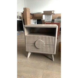 Fluted Night Stand Set of 1 or 2. Tall Wood version with charging USB ports and outlets, 2 drawers, open shelf and feet. For bedroom and living room - 1 of 1