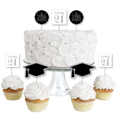 Big Dot of Happiness Silver - Tassel Worth The Hassle - Dessert Cupcake Toppers - 2021 Graduation Party Clear Treat Picks - Set of 24