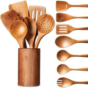 Attop Wooden Spoons for Cooking - 8-Piece Wooden Kitchen Utensil Set made of Natural Solid Wood Material - Includes Utensil Holder - 1 of 4