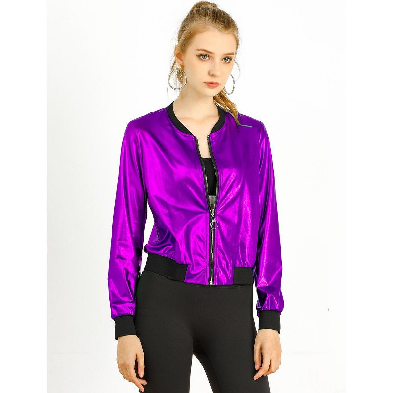 Allegra K Women's Holographic Fashion Stand Collar Metallic Lightweight Zip Bomber Jacket, 3 of 8