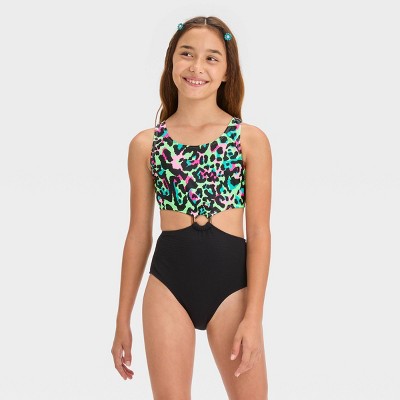 Girls' Leopard Print Knotted One Piece Swimsuit - art class™ Black M Plus