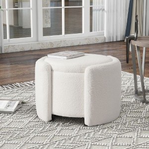 CAVINAS Round Storage Ottoman, Teddy-Wool Ottoman Bench, Upholstered Ottoman Foot Rest, Bedroom Footstool - 1 of 4