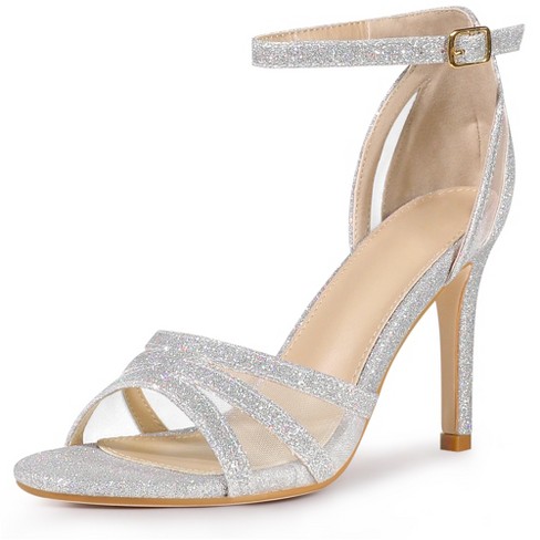 Women's Silver Glitter Shoes Chunky Heels Ankle Strap Sandals