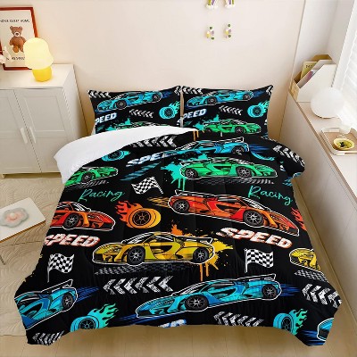 Hachikiko Child's Cartoon Sports Car Comforter 3Piece Set - 1 Comforter + 2 Pillowcases,100% Microfiber, Racing Bedding,Twin