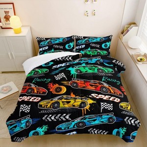 Hachikiko Child's Cartoon Sports Car Comforter 3Piece Set - 1 Comforter + 2 Pillowcases,100% Microfiber, Racing Bedding,Twin - 1 of 4