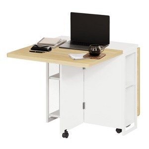 Foldable Dining Table with 6 Wheels,Drop Leaf Design, 2-Layer Storage Shelf, Compact for Small Rooms (Carlo Wood, 47.2" D x 23.6" W x 29.5" H) - 1 of 4