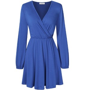 Women's Wrap V Neck Swing Long Sleeve Mini Dress Elastic Waist Fit Flare Dress - 1 of 4