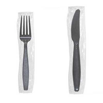 Karat Black Polystyrene Plastic Wrapped Heavyweight Disposable Forks and Knives for Restaurants, Diners, and Takeout , 1000 Pack