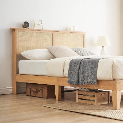 Acekool Rattan Bed Frame with Natural Headboard, LED Lights, Solid Wood Slats, Storage Space, No Box Spring Needed