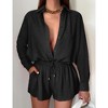 Women's  2 Piece sets  Button Down Shirt Long Sleeve Short Drawstring  Outfits - 2 of 4