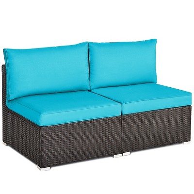 Tangkula 2PCS Patio Wicker Rattan Sectional Armless Chair Sofa w/ Turquoise Cushion