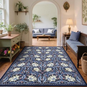 Acekool Floral Washable Rugs - Vintage Botanical Print Area Rug - 1 of 4