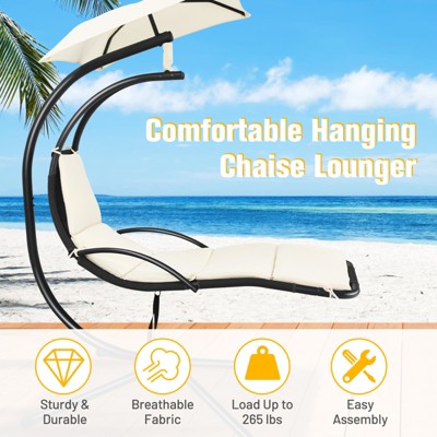 Beige Steel Hanging Chaise Lounge Chair with Cushions and Canopy