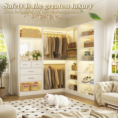 Aheaplus Corner Closet System with Mirror and Drawers, Wardrobe Organizer with Hanging Rods