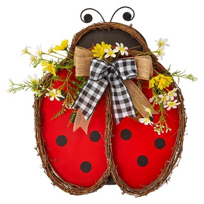 The Lakeside Collection Handcrafted Rattan Bee or Ladybug Wall Decor with Vibrant Yellow Flowers