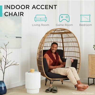 Gray Wicker Egg Lounge Chair with White Sand Cushions