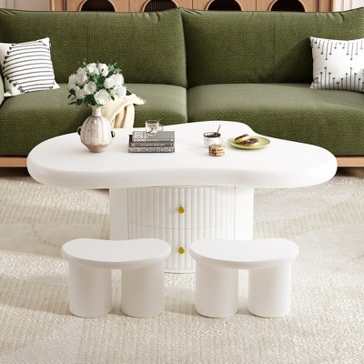 Cloud Coffee Table Set of 3 with 2 Drawers and Stools, Modern Irregular Table for Living Room or Lounge