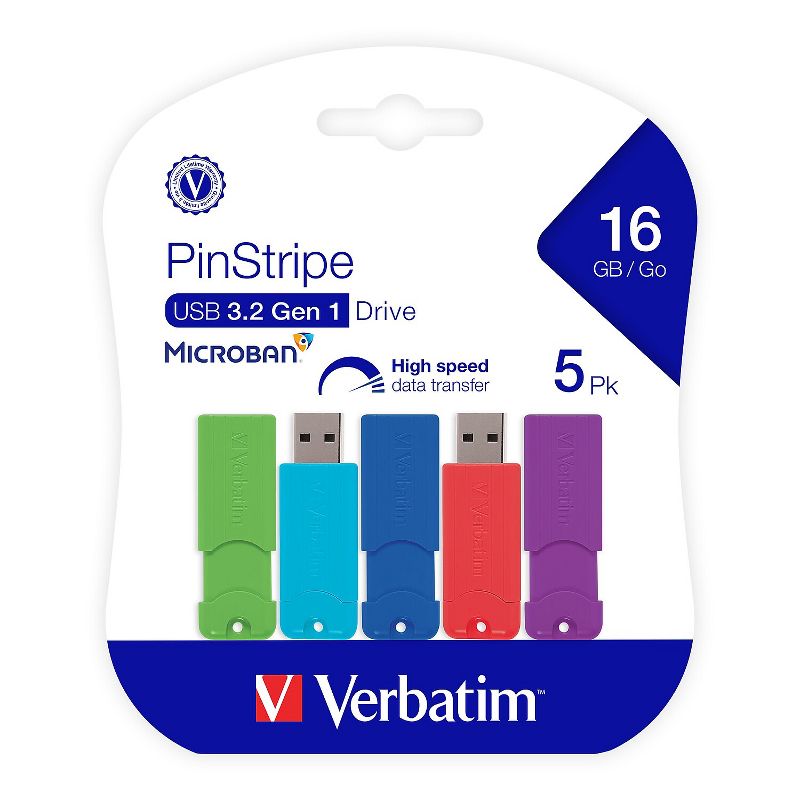 Verbatim PinStripe 16GB USB 3.2 Type A Flash Drive Assorted Colors 5/Pack (70387), 1 of 9