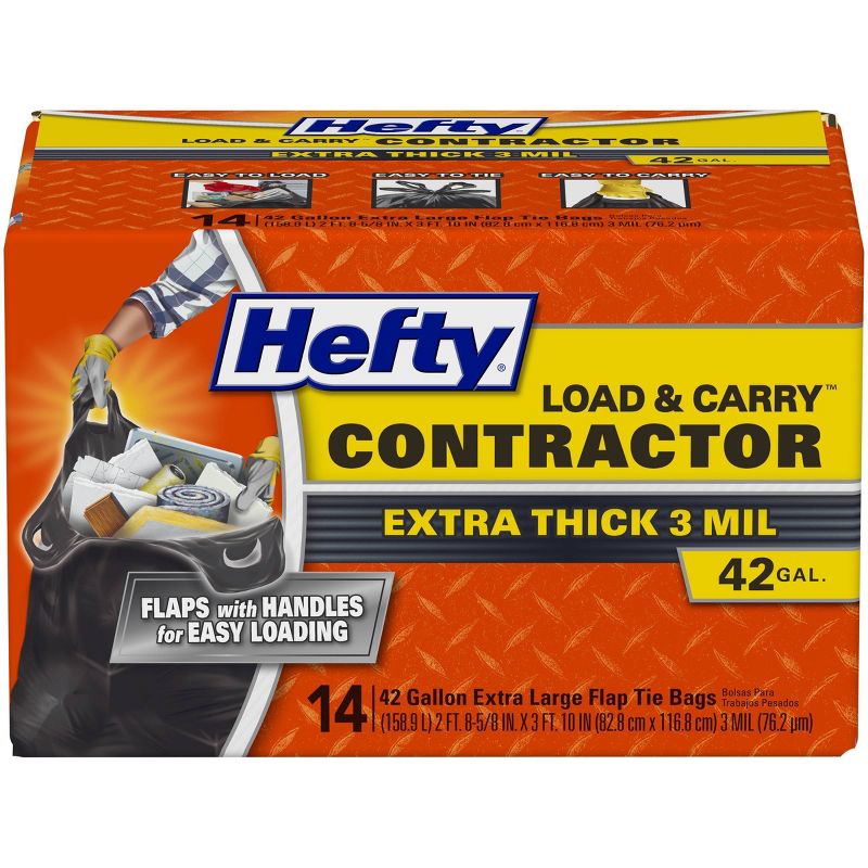 Hefty Contractor Load & Carry Extra Large Flap Tie Trash Bags - 42 Gallon - 14ct, 1 of 5