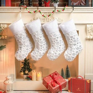 White Stockings Set of 4 with Silver Snowflake Design, 20 Inches Large Plush Faux Stockings for Family Christmas Tree Home - 1 of 4