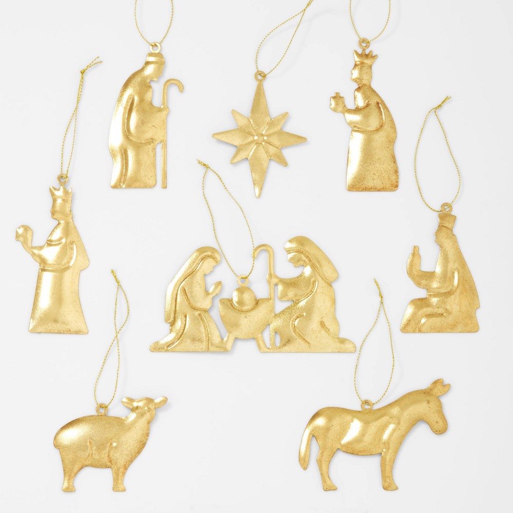 8pc Metal Nativity Christmas Tree Ornament Set Gold - Wondershop