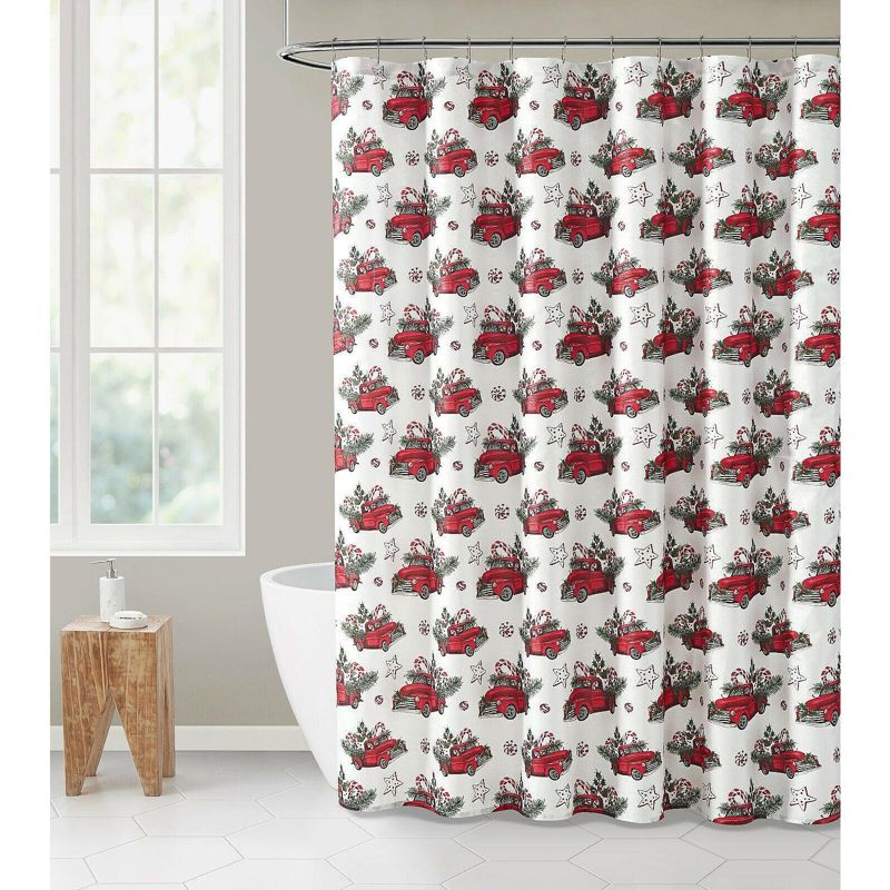Kate Aurora Holiday Living Red Trucks Evergreens And Candy Canes Sparkly Christmas Fabric Shower Curtain, 1 of 2