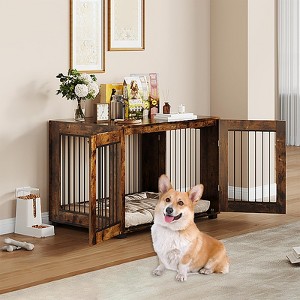 Dog Cage Furniture, Farmhouse Wood Metal Kennel Table with 3 Doors, Rustic Style Heavy Duty Dog Cage, Indoor Decorative Pet House Side Table - 1 of 4