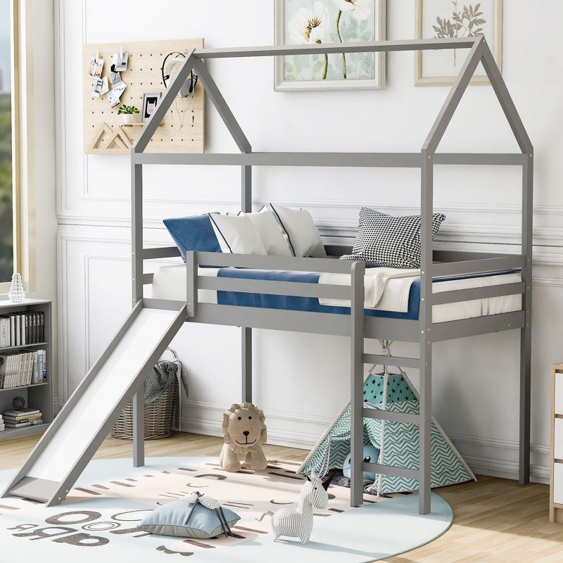 House Shape Twin Size Loft Bed with Slide, Gray - ModernLuxe, 1 of 12
