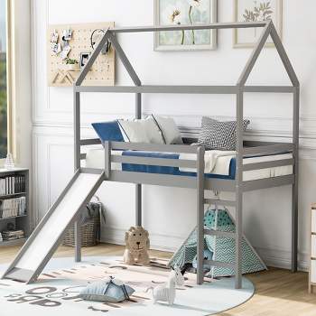 House Shape Twin Size Loft Bed with Slide, Gray - ModernLuxe