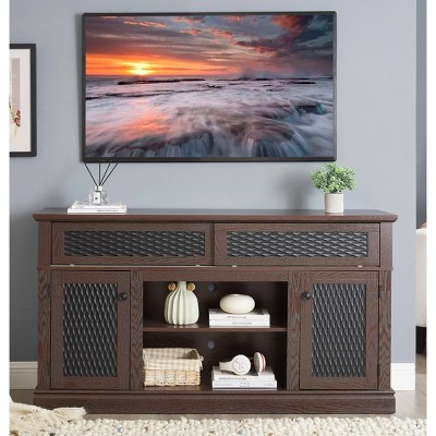 VYNXARIA Embossed Pattern TV Stand, TV and Media Console with Open and Closed Storage Space and sliding door for Living Room & Bedroom, DARK CHERRY