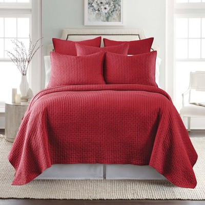 King Red Cotton Reversible Quilt Set with Shams