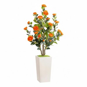 Coucheta 4Ft Artificial Bushes with Camellia Flowers, Faux Fall Trees in Pots, Orange Tree for Autumn Porch, Front Door, Indoor & Outdoor Decor - 1 of 4