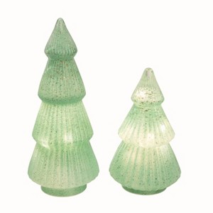 Transpac Glass 14 in. Green Christmas Light Up Milk Trees Set of 2 - 1 of 2
