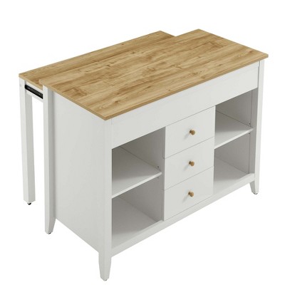 White and Natural Wood Grain Kitchen Island with Storage