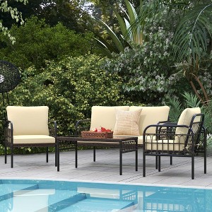 Costway 4 PCS Patio Furniture Set Outdoor Wicker Conversation Bistro Set with Soft Cushions - 1 of 4