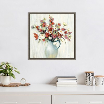 Red and White Floral Canvas Print in Gray Frame