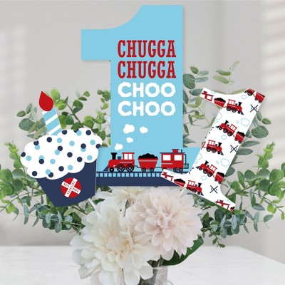 Big Dot of Happiness 1st Birthday Railroad Party Crossing - Steam Train First Birthday Party Centerpiece Sticks - Table Toppers - Set of 15