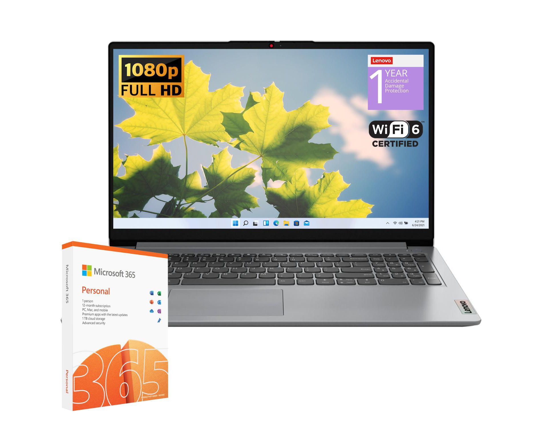 Lenovo IdeaPad 1i Laptop, 15.6" FHD Display, Intel Celeron N4500, Intel UHD Graphics, 4GB RAM, 128GB eMMC, Wi-Fi 6, Windows 11 Home, Grey