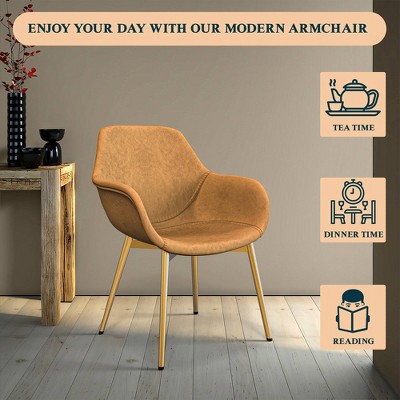 Light Brown High Metal Arm Chair with Faux Leather Upholstery
