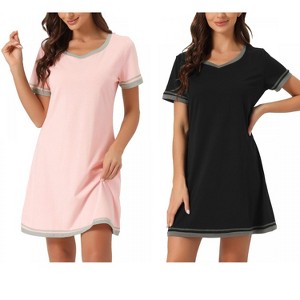 INSPIRE CHIC Women's 2 Pcs Short-Sleeve Nightshirt Color-Block V-Neck Sleepdress Set - 1 of 4