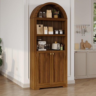 71.6" Tall Arched Cabinet, 5 Tier Bookcase Arched Book Shelf with Doors and Adjustable Shelves, for Living Room, Bedroom
