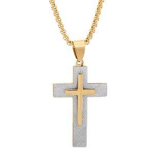 Steeltime 24" Men's 18k gold plated stainless steel double cross sandusted pendant - 1 of 3