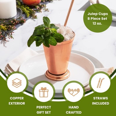 Handcrafted Copper Mint Julep Cups with Straws, Set of 4
