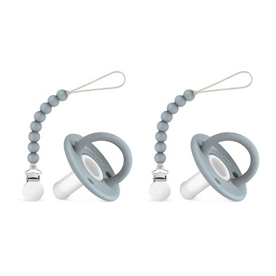 Image of Lulababe Pacfier and Clip Set - Soft Medical Grade Silicone Paci and Clip Holder Newborns and Infants - Ash Blue + Clear, Stage 1  (0-6m) - 2 Sets