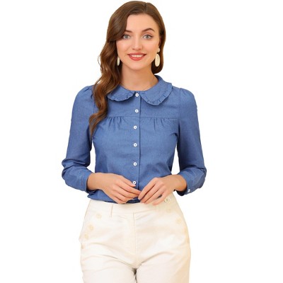 Allegra K Women's Denim Long Sleeve Peter Pan Collar Button-Front Shirt