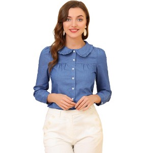 Allegra K Women's Denim Long Sleeve Peter Pan Collar Button-Front Shirt - 1 of 4